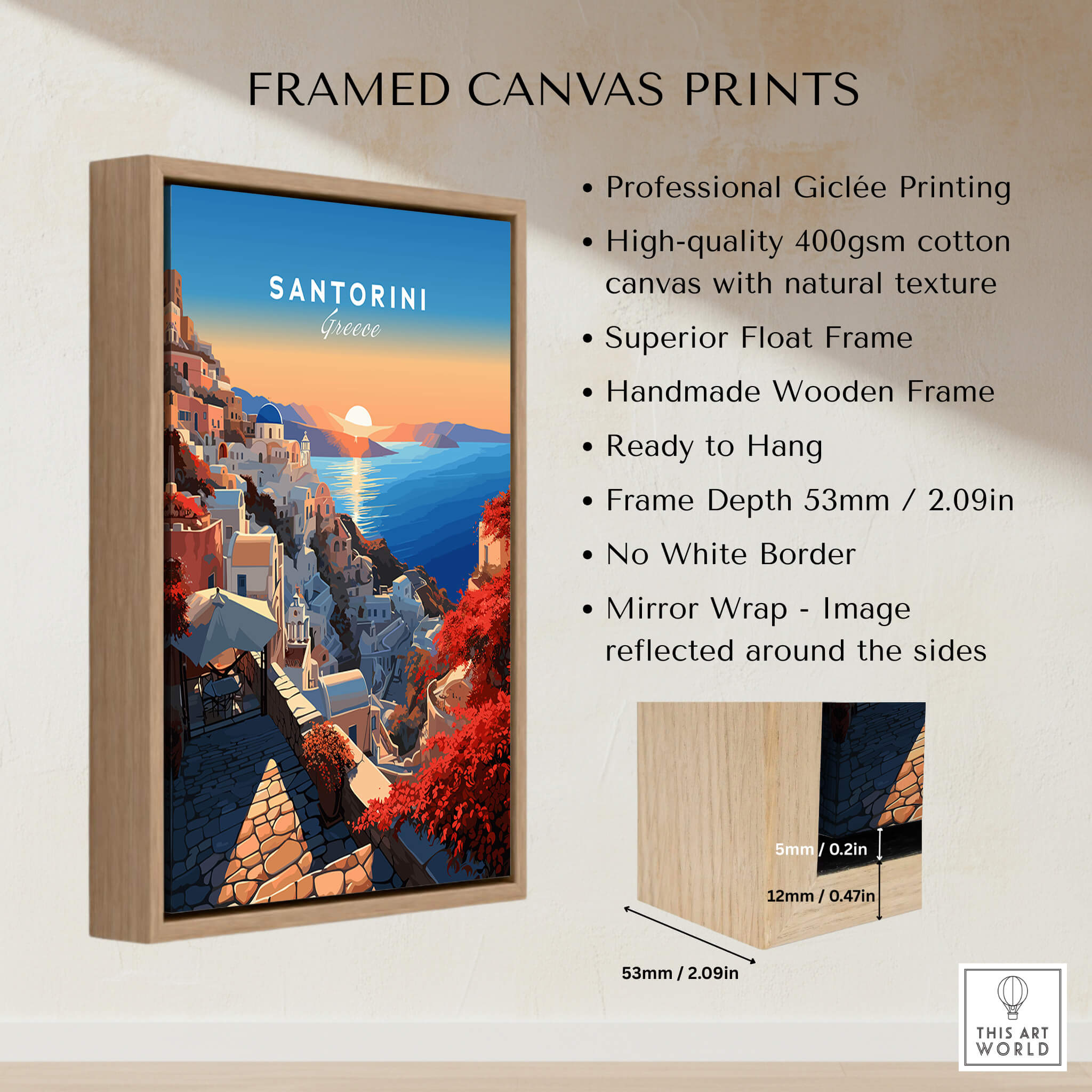Santorini Poster framed canvas print showcasing Giclée printing and handmade wooden frame