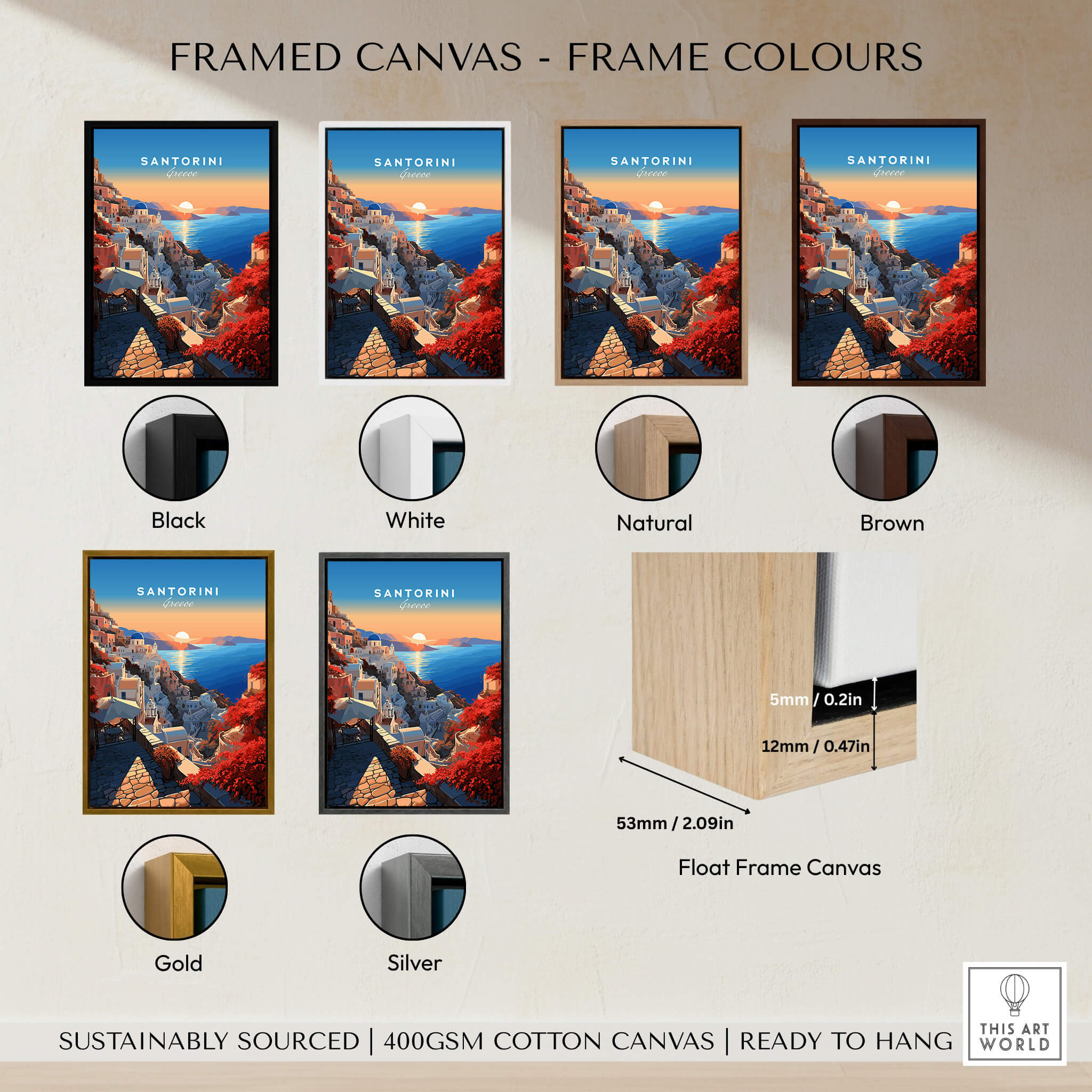 Framed Santorini Poster options in various frame colors: Black, White, Natural, Brown, Gold, Silver.
