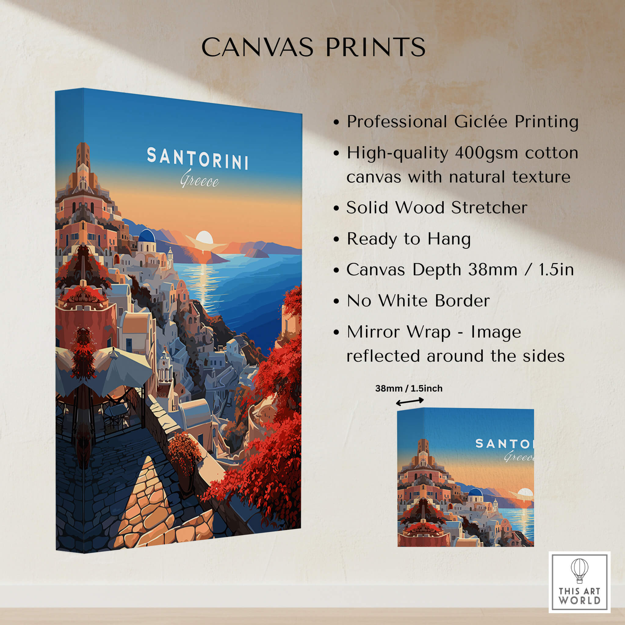 Santorini Poster showcasing a stunning sunset over the iconic architecture of Santorini, Greece.