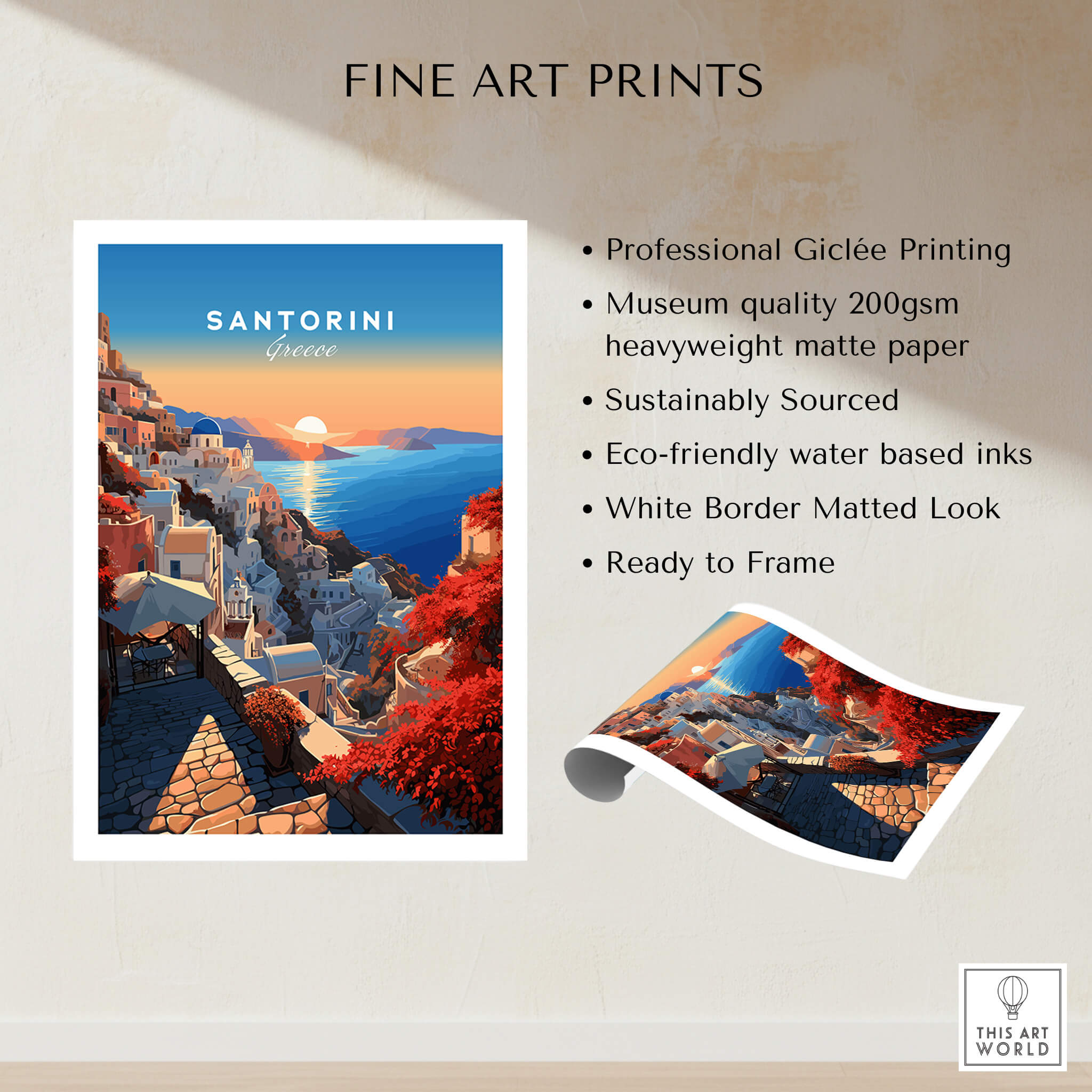 Santorini Poster showcasing a stunning sunset view of Santorini, Greece, printed on high-quality matte paper.