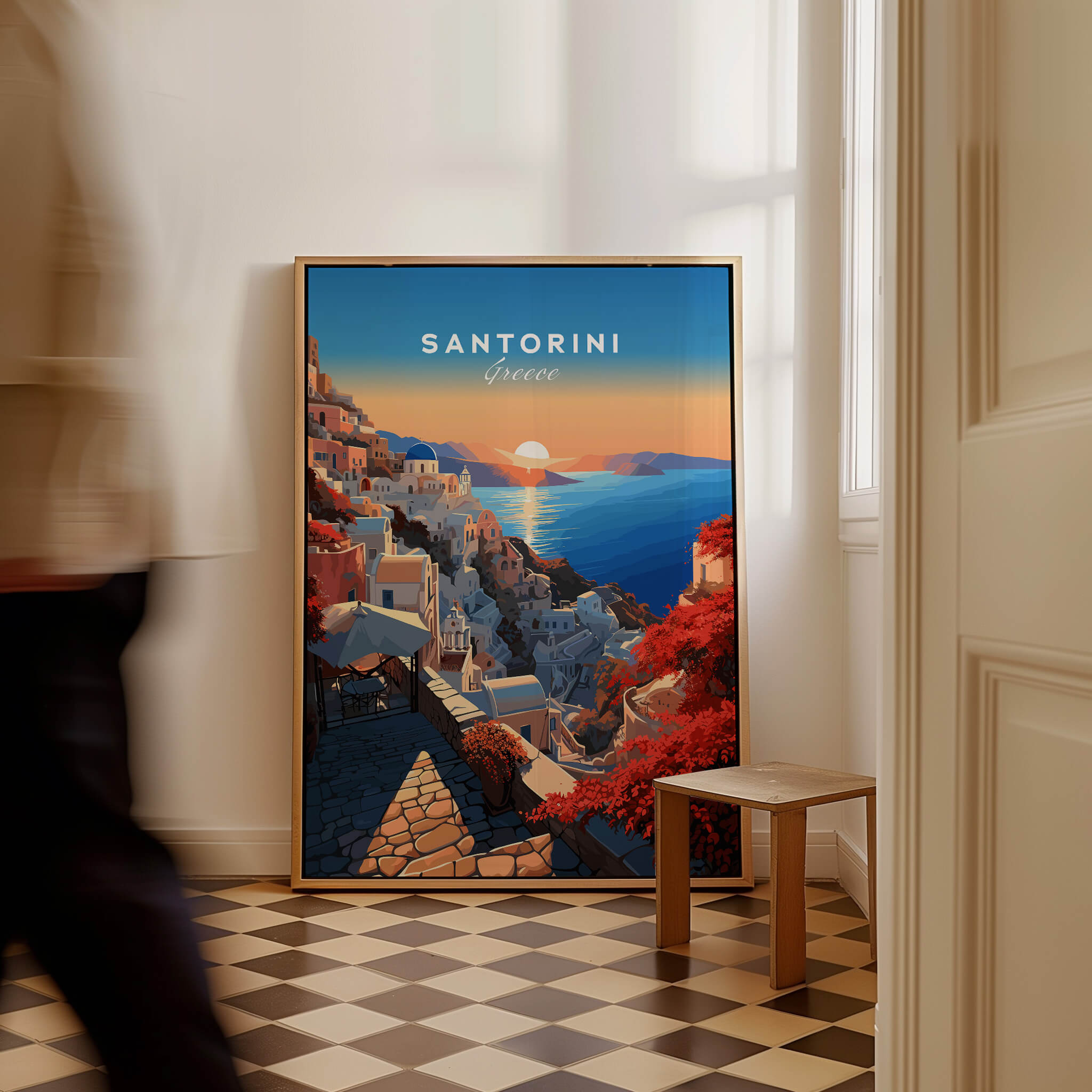 Santorini Poster showcasing the stunning sunset over the iconic streets of Santorini in Greece.