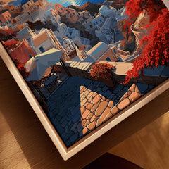 Santorini Poster featuring a vibrant view of Santorini's architecture with colorful flowers and a sunny pathway.