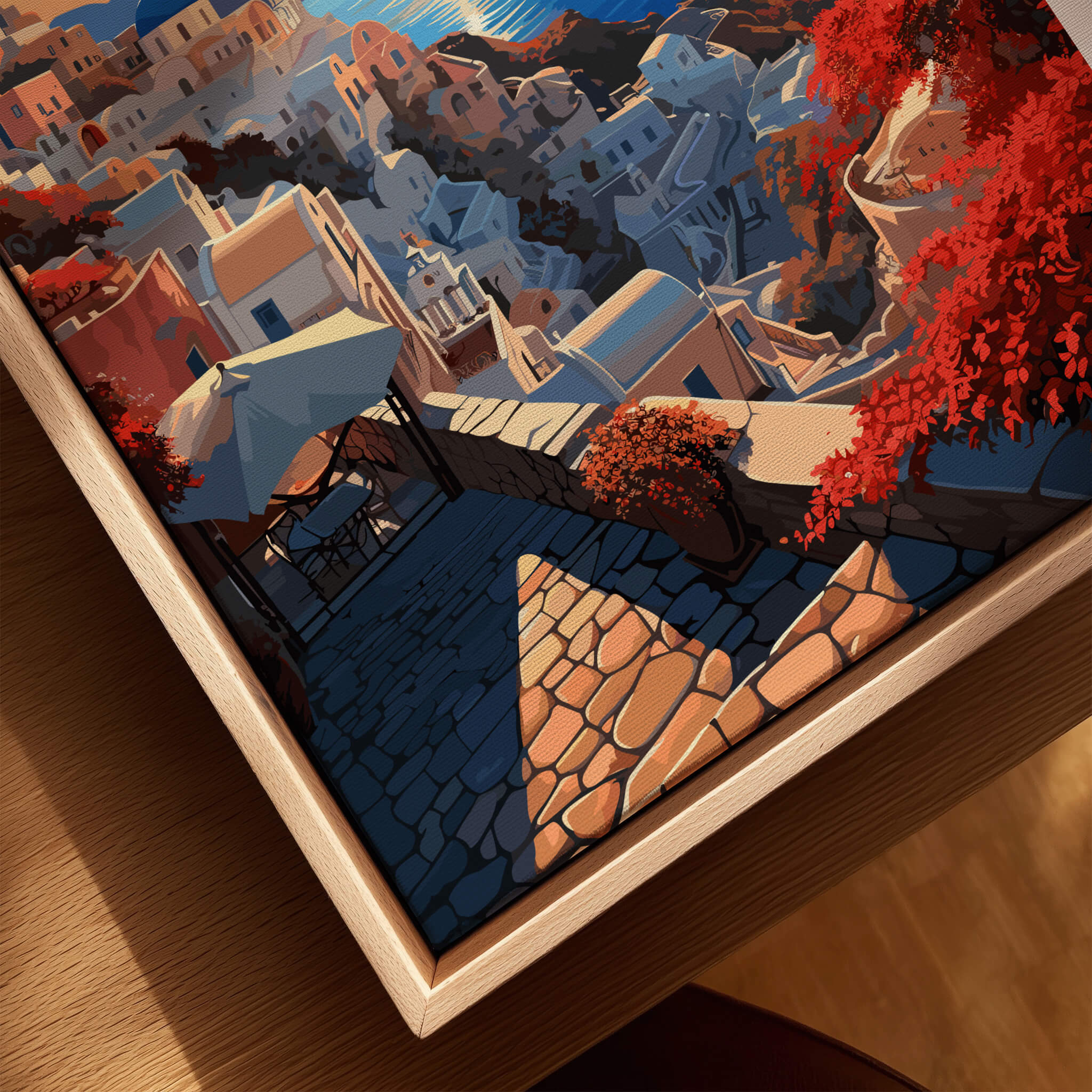 Santorini Poster featuring a vibrant view of Santorini's architecture with colorful flowers and a sunny pathway.