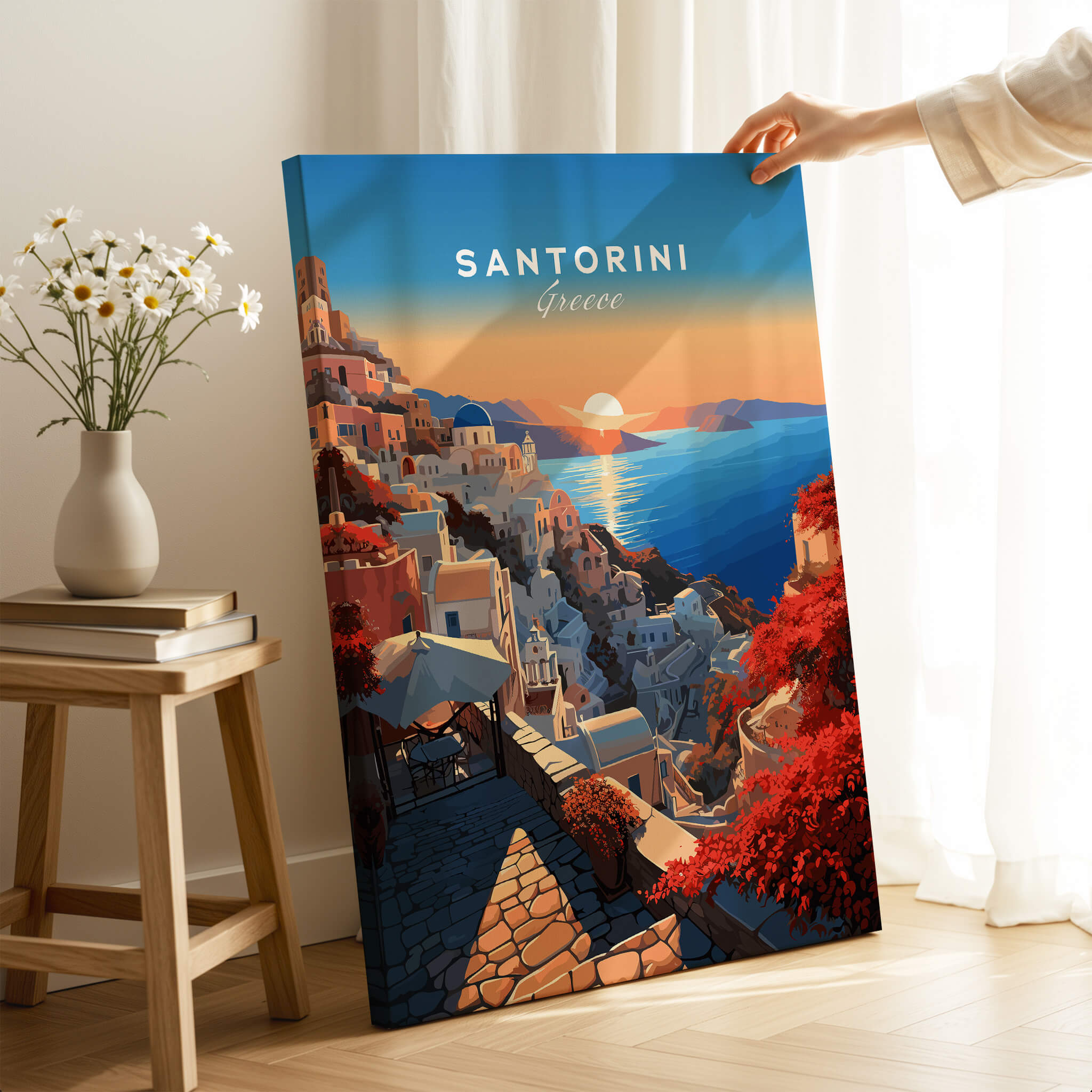 Santorini Poster showcasing the stunning sunset over the Greek island of Santorini, adding wanderlust to home décor.