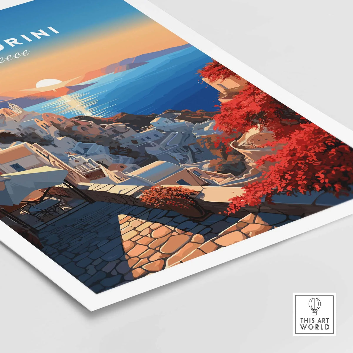Santorini Poster featuring stunning artwork of the iconic Santorini landscape with vibrant colors and a scenic view.