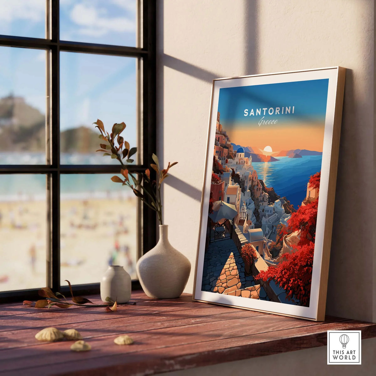 Santorini Poster displayed on a wooden shelf with a beach view, capturing the essence of Greece's stunning landscape.