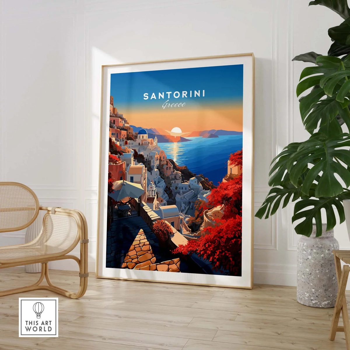 Santorini Poster showcasing a beautiful sunset over Greece, perfect for home décor and wanderlust inspiration.