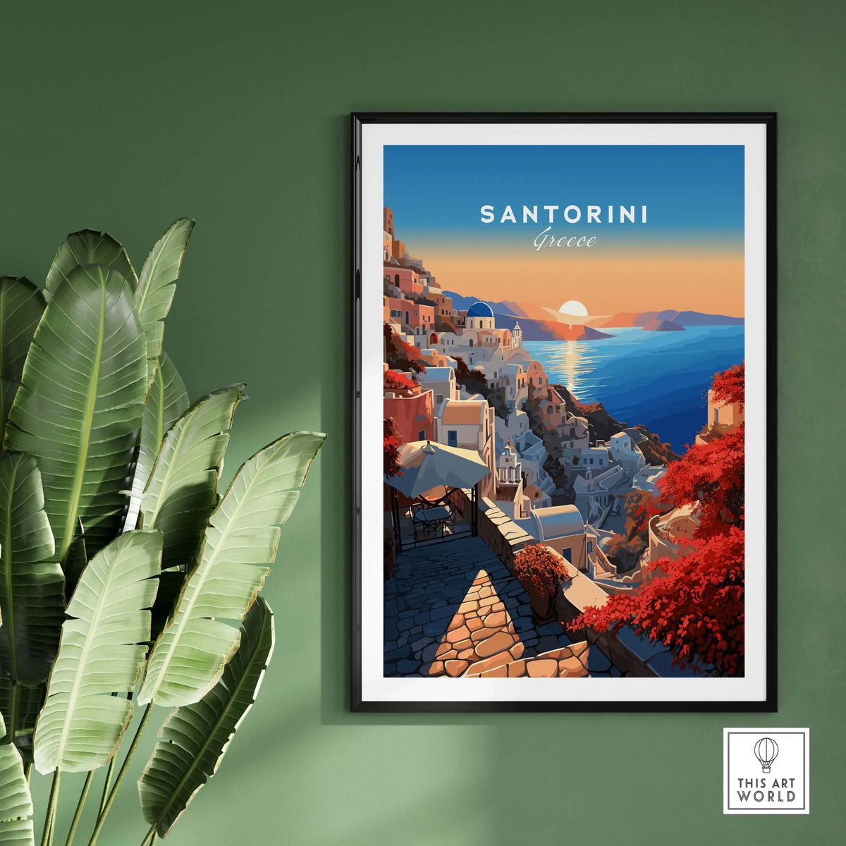 Santorini Poster showcasing the sunlit beauty of Santorini, Greece, perfect for home decoration and wanderlust inspiration.