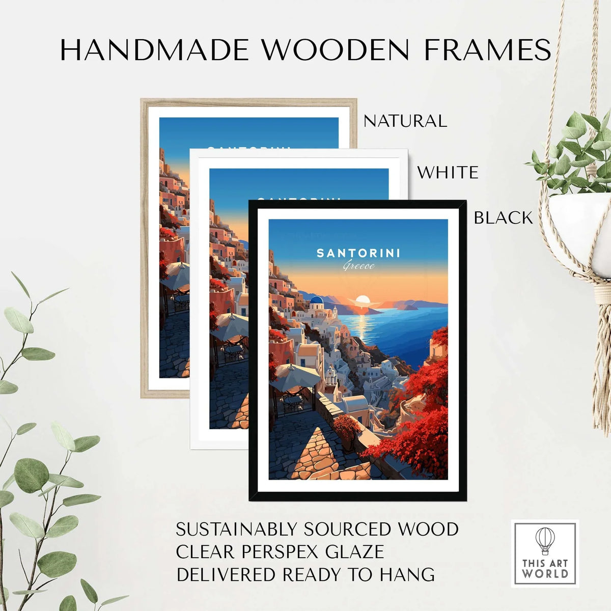Santorini Poster displayed in handmade wooden frames, featuring natural, white, and black finishes.