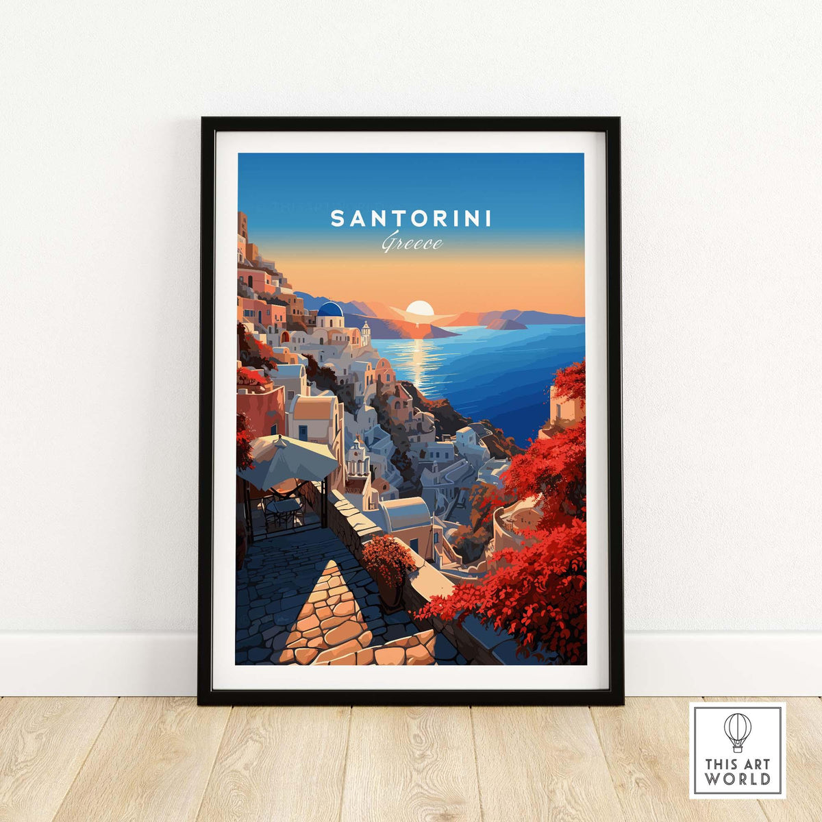 Santorini Poster showcasing the sun setting over Santorini, Greece with vibrant colors and stunning architecture.