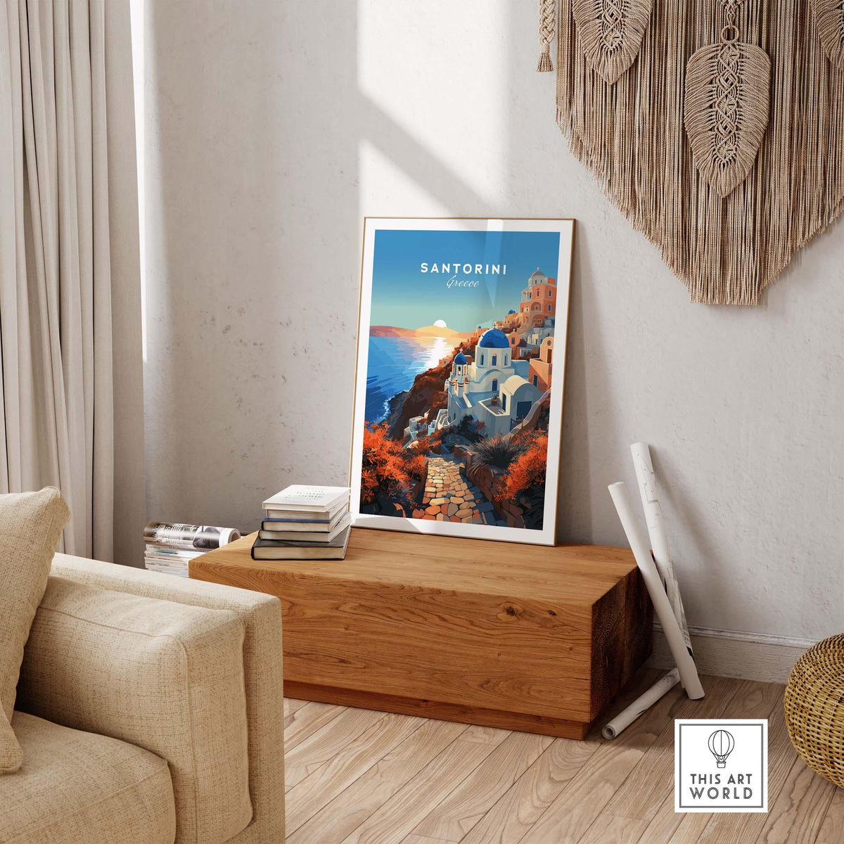 Santorini Print featuring a scenic view of Santorini's iconic blue domes and sunset colors in a cozy interior setting.
