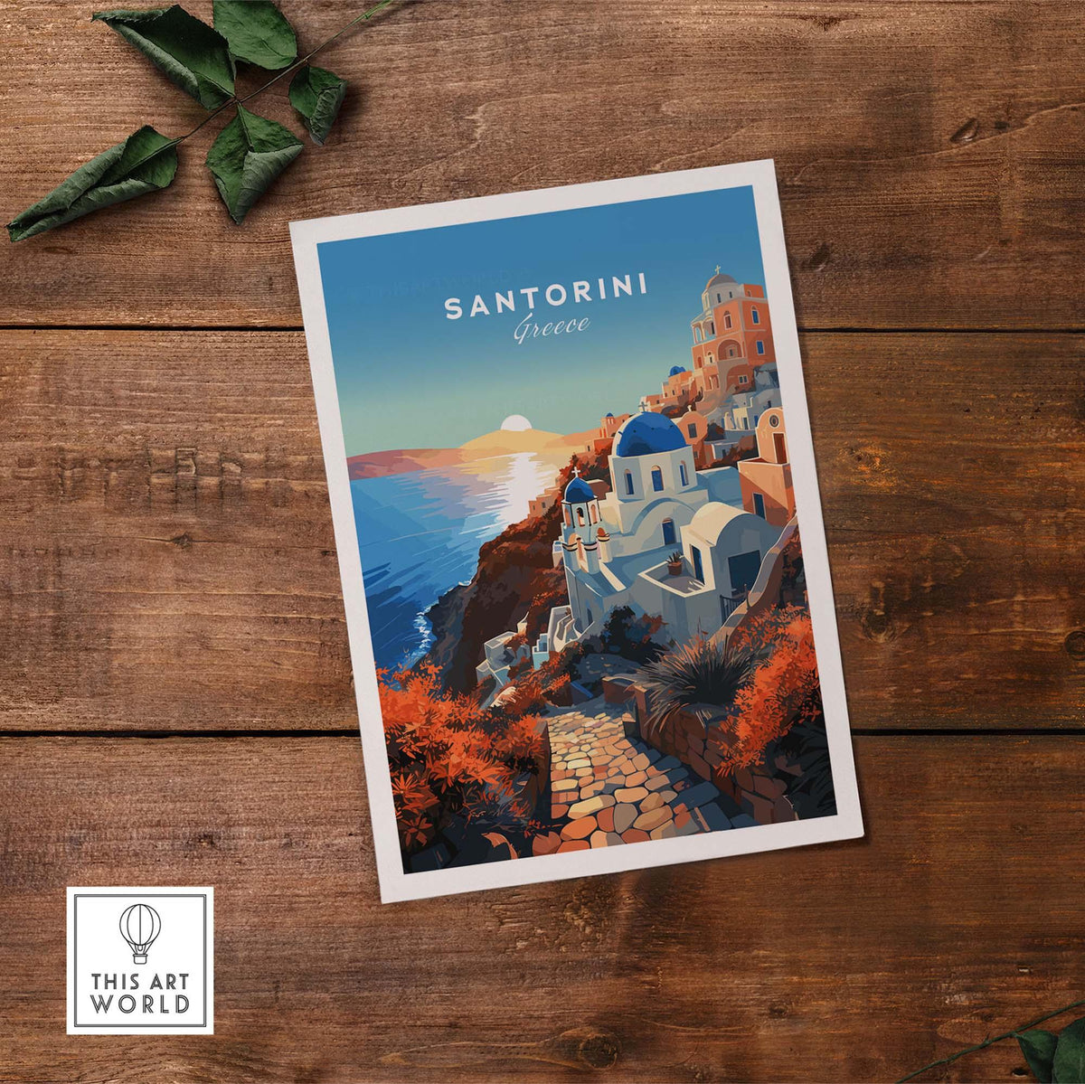Santorini Print showcasing the beauty of Santorini, Greece with vibrant colors and serene sunset sky.