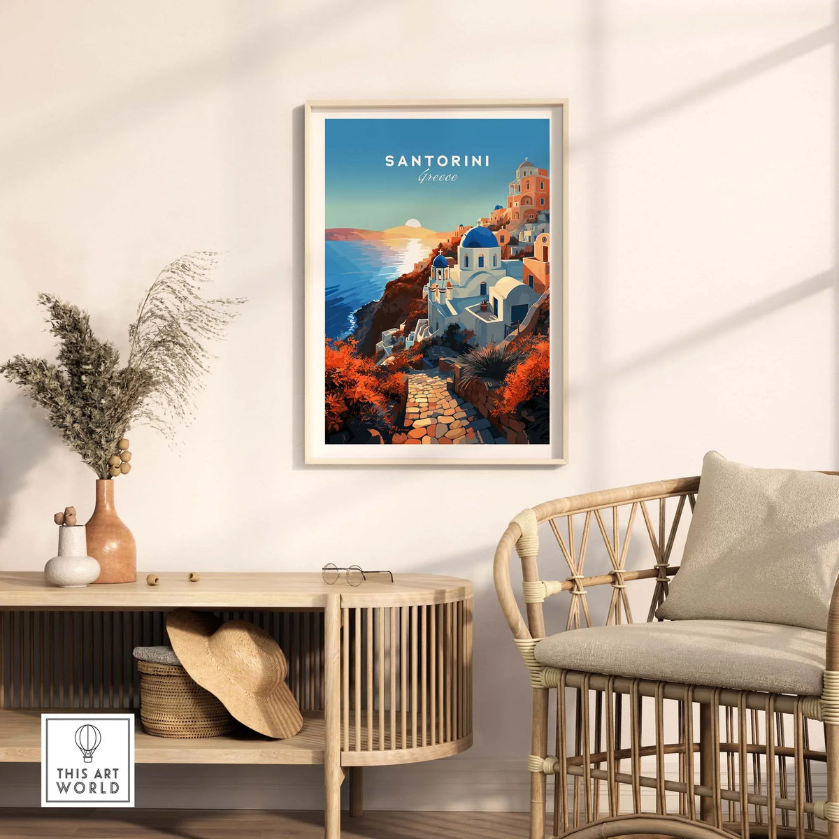 Santorini Print featuring a picturesque view of Santorini, Greece with warm sunset hues and vibrant architecture.