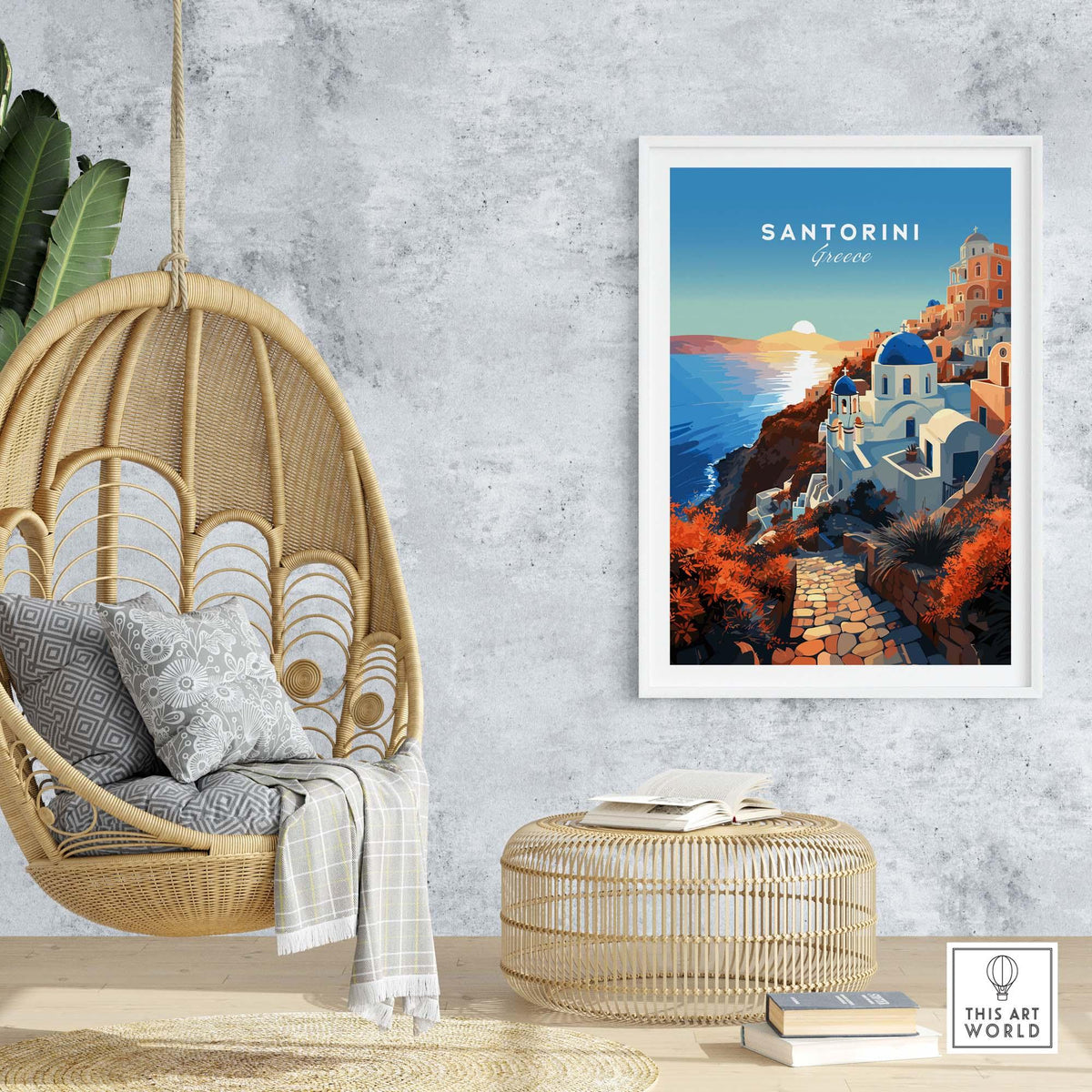 Santorini Print capturing the sunset beauty of Santorini with warm hues in a serene Mediterranean setting.