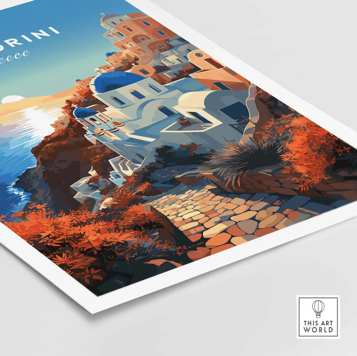 Santorini Print featuring vibrant sunset colors and charming Mediterranean architecture.