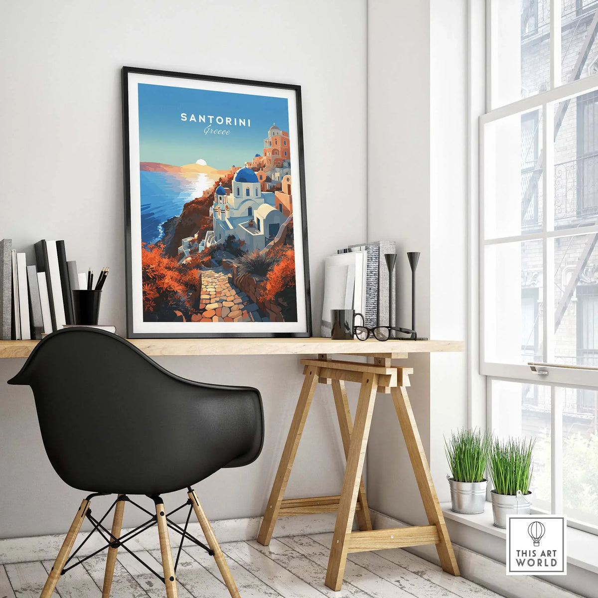 Santorini Print displayed in a modern office setting, showcasing a serene Greek landscape and warm sunset hues.