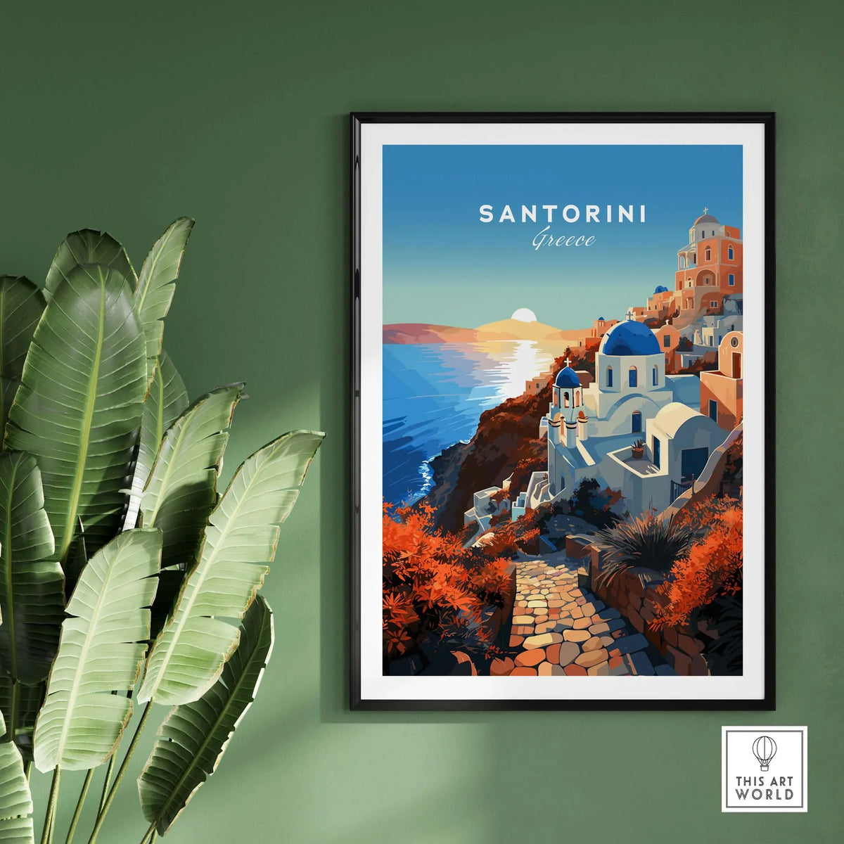 Santorini Print featuring a colorful sunset over Mediterranean architecture in Greece, ideal for home decor.