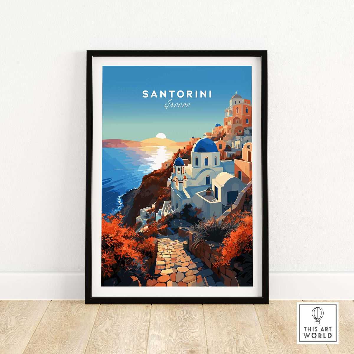 Santorini Print showcasing a vibrant sunset over the iconic buildings of Santorini, Greece.