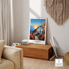 Santorini Wall Art displayed in a stylish home setting, showcasing vibrant colors and captivating imagery.