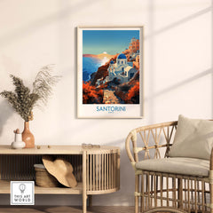 Santorini Wall Art featuring vibrant colors and stunning imagery of Santorini's iconic landscape in a stylish living space.