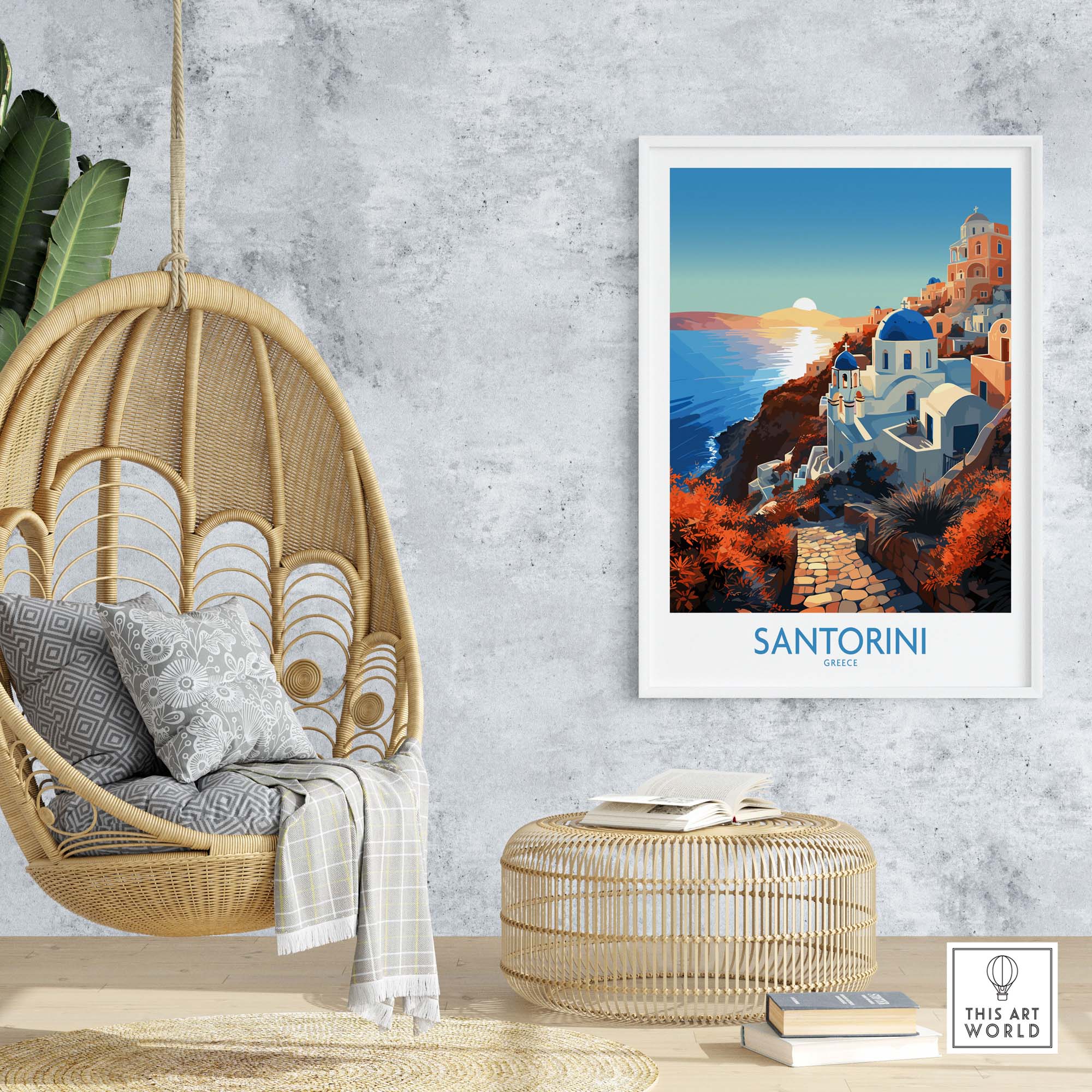 Santorini Wall Art showcasing vibrant colors and stunning Greek architecture in a stylish home setting.