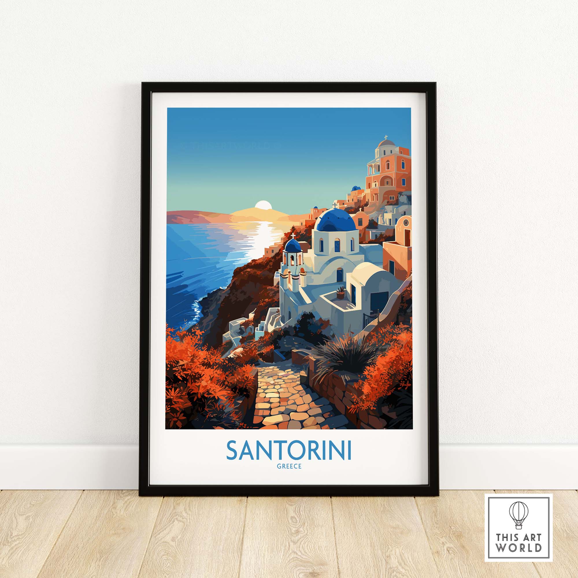 Santorini Wall Art showcasing a vibrant seaside view of Santorini, Greece with stunning colors and striking imagery.