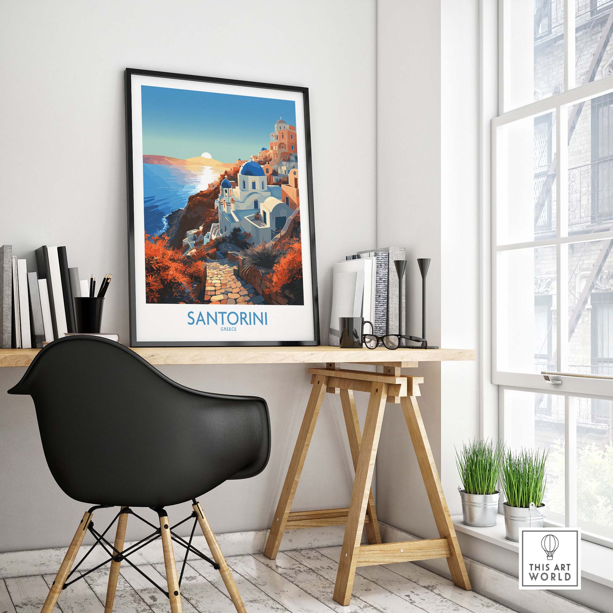 Santorini Wall Art showcasing a vibrant scene of Greece on a stylish desk in a modern interior.