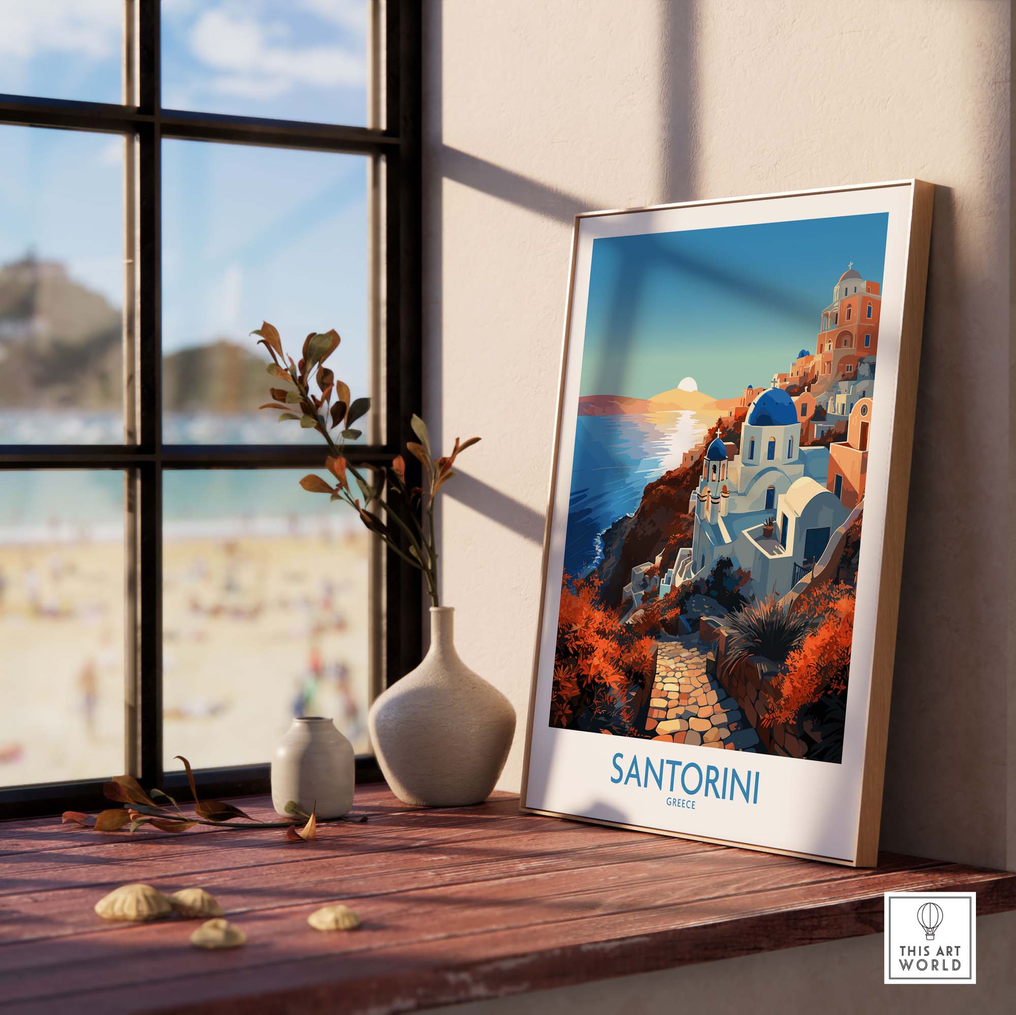 Santorini Wall Art featuring a vibrant Greece landscape with iconic white buildings and serene ocean view.