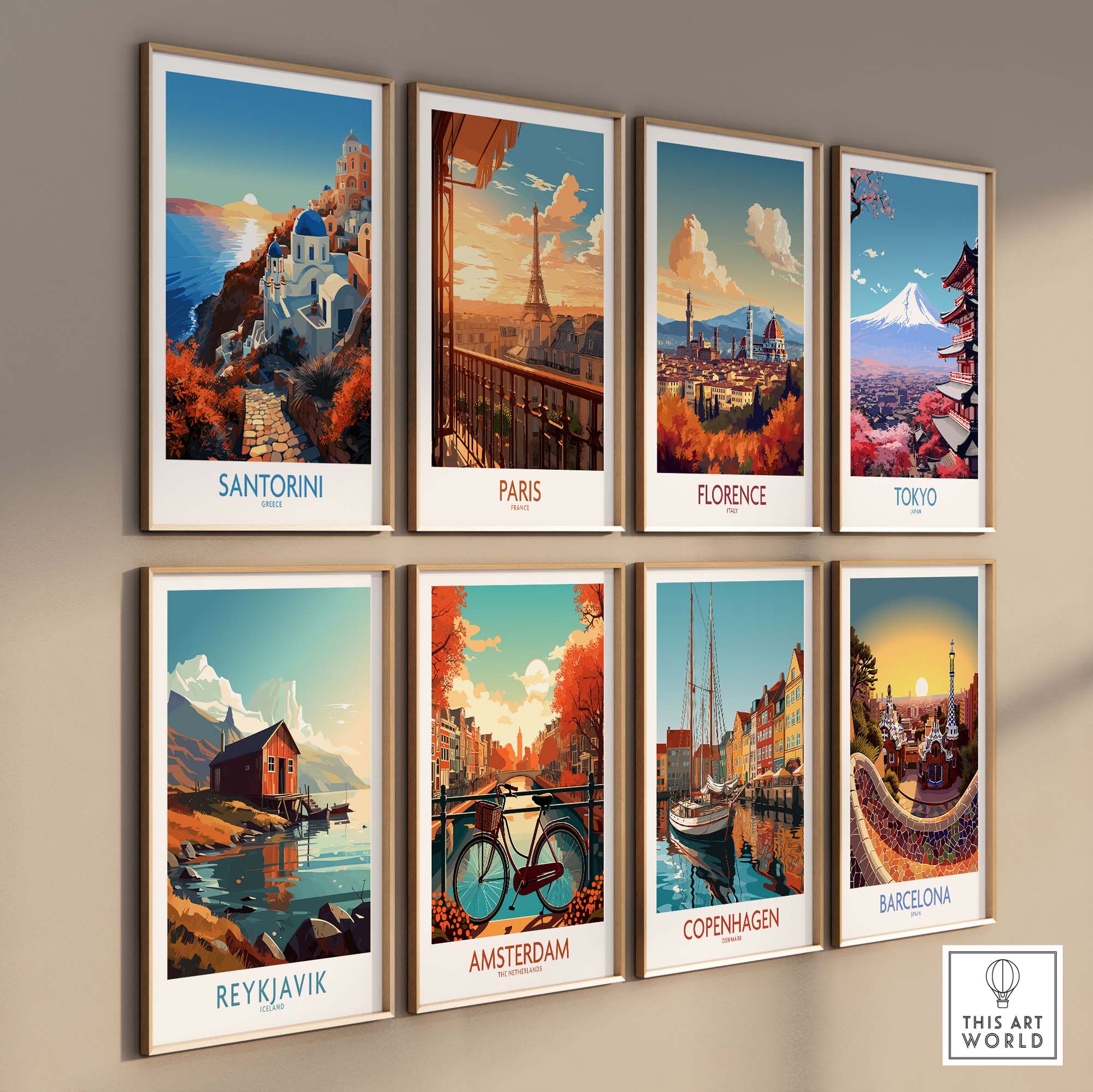 Santorini Wall Art showcasing vibrant imagery of Santorini and other global landmarks in a stylish collage.