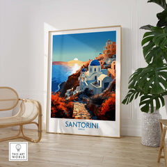 Santorini Wall Art showcasing vibrant colors and stunning landscape of Greece in a modern living space.