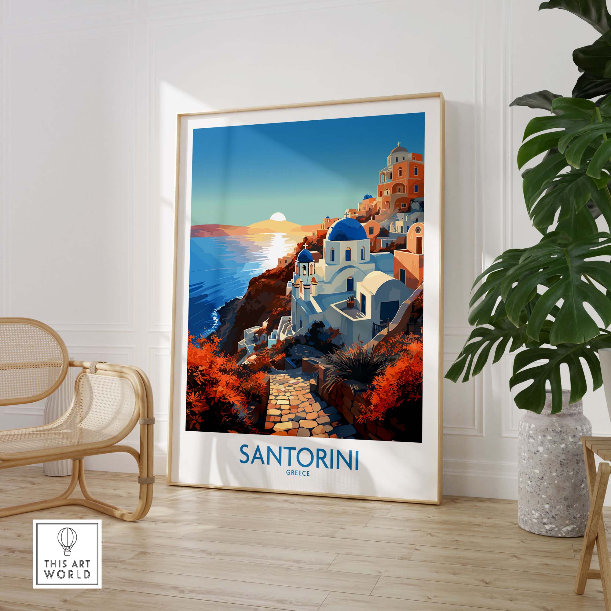 Santorini Wall Art showcasing vibrant colors and stunning landscape of Greece in a modern living space.