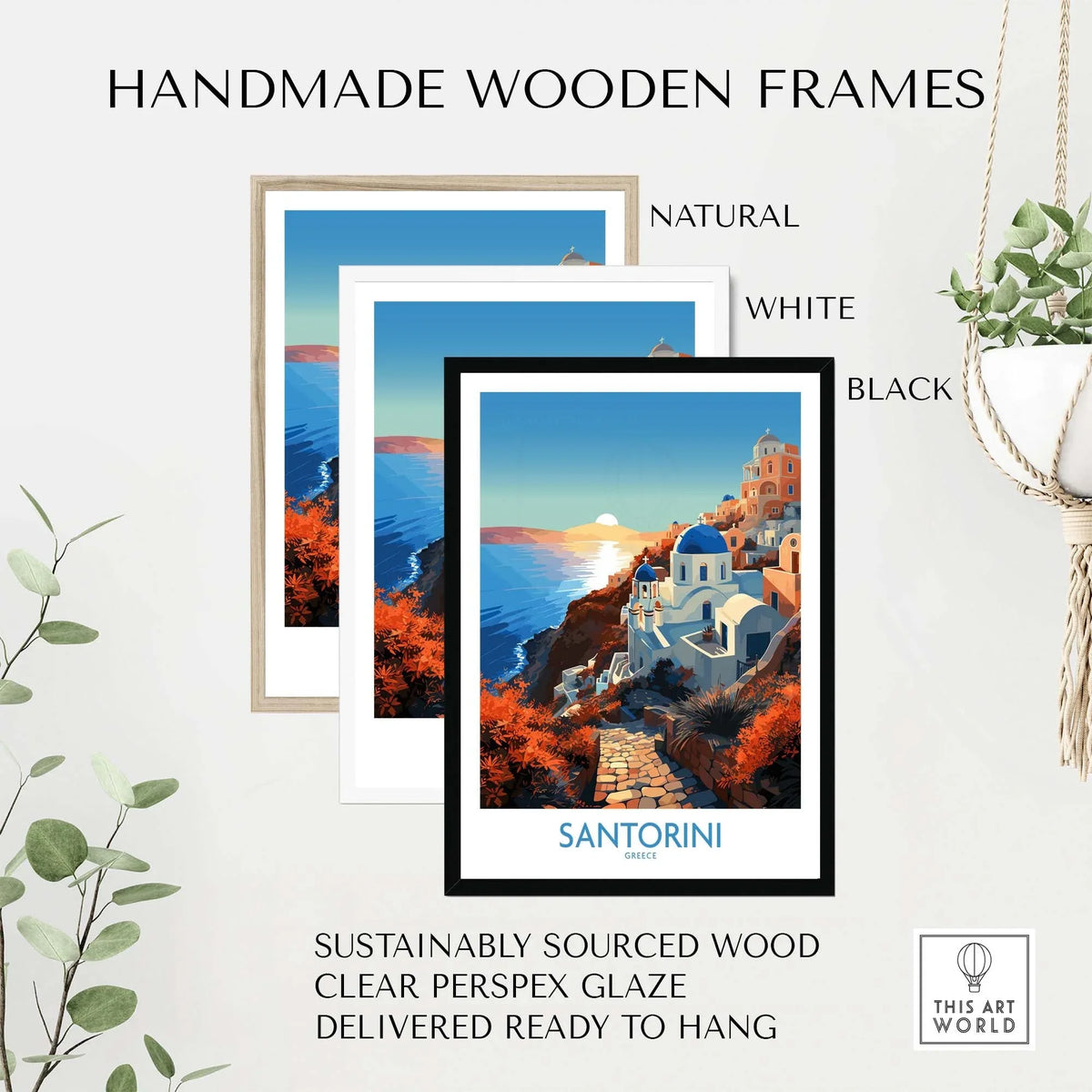 Santorini Wall Art displayed in handmade wooden frames in natural, white, and black options.