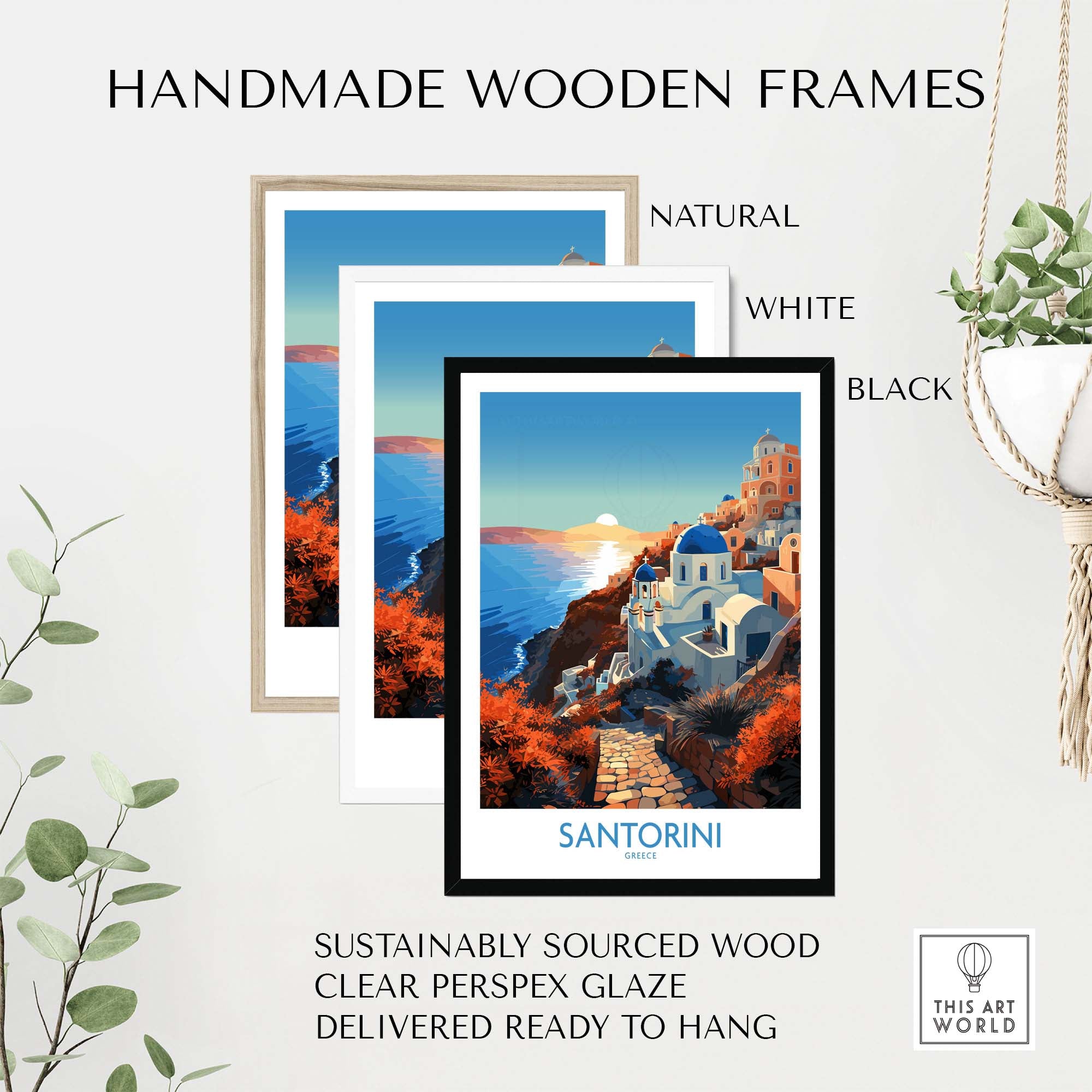 Santorini Wall Art displayed in handmade wooden frames in natural, white, and black options.