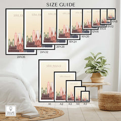 Size guide for Sao Paulo city skyline poster prints in various sizes and framing options.