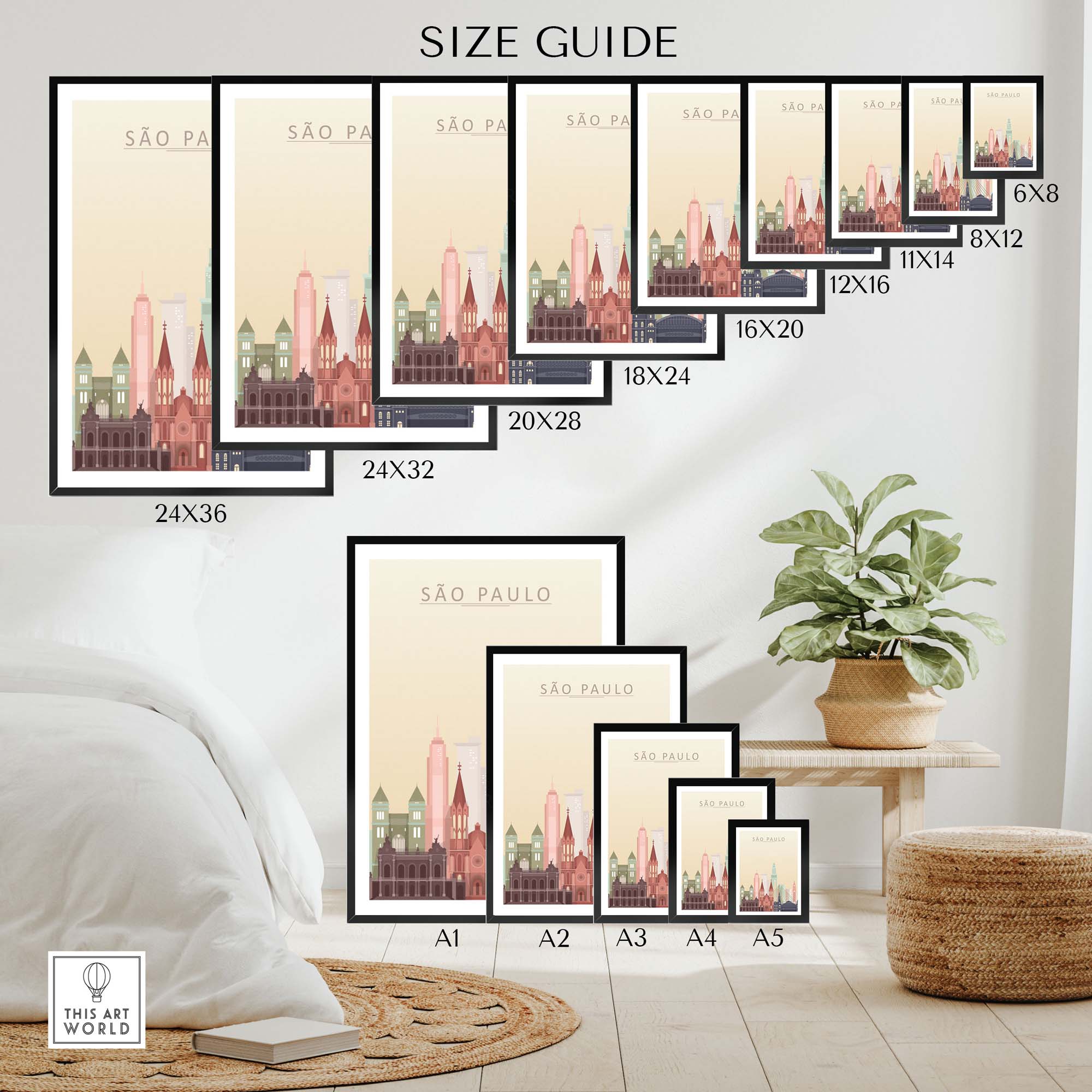 Size guide for Sao Paulo city skyline poster prints in various sizes and framing options.