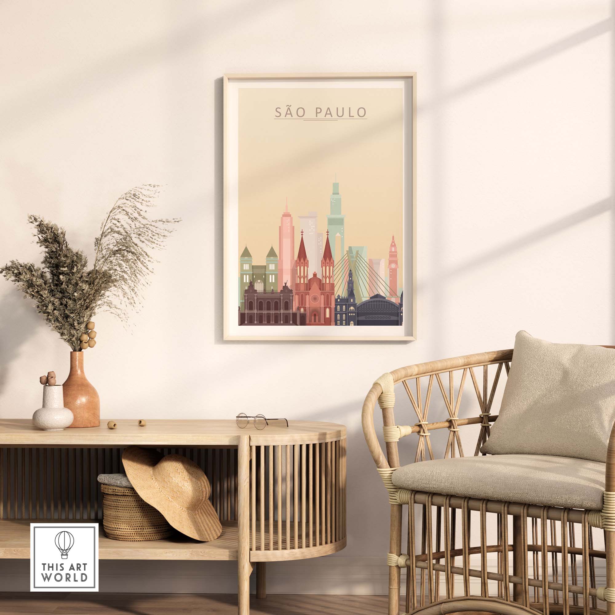 Sao Paulo city skyline wall art print displayed in a stylish living room setting.