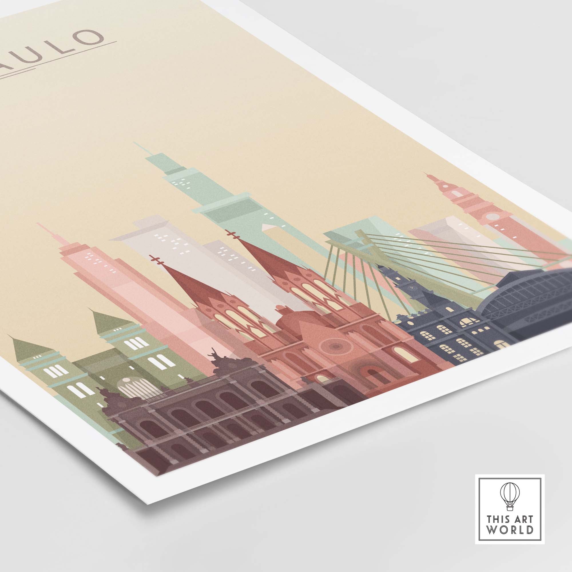 Sao Paulo city skyline poster illustration capturing iconic buildings and vibrant colors for stylish wall art.