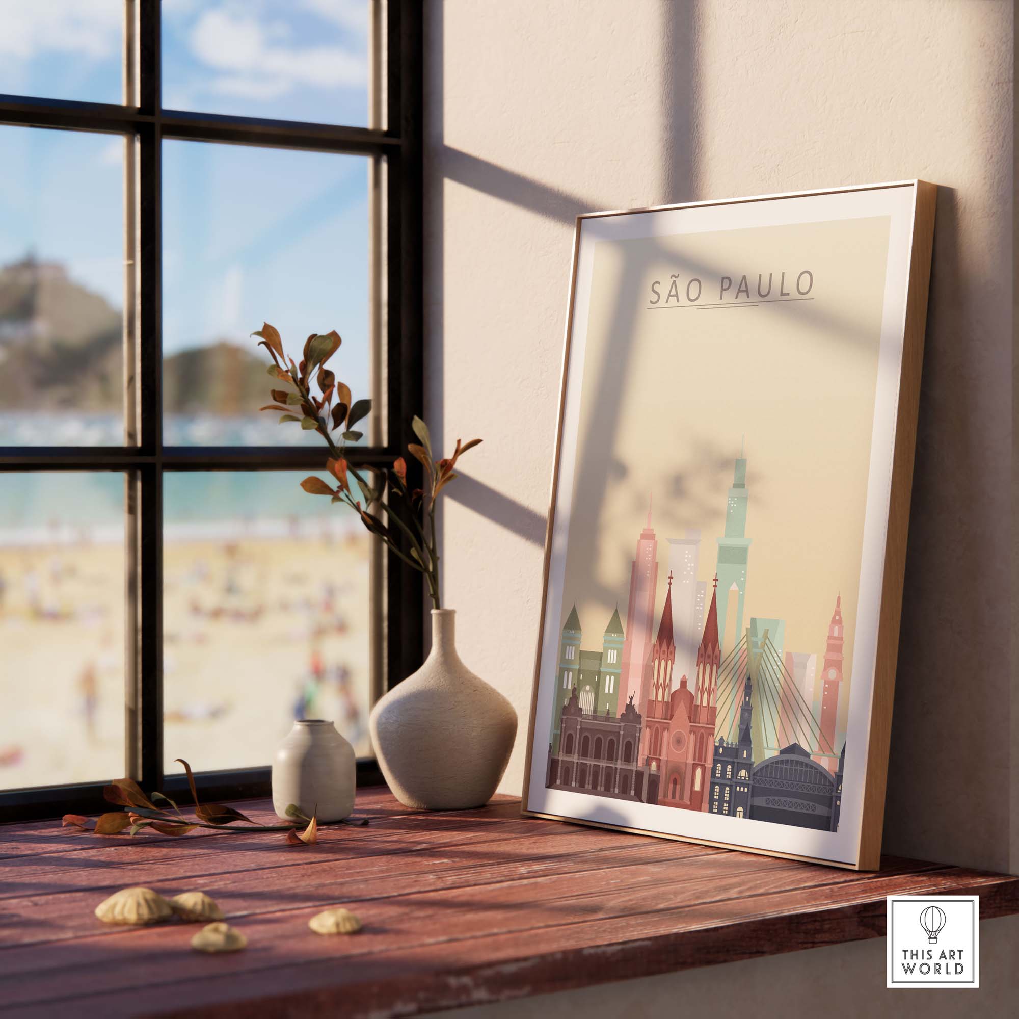 Sao Paulo city skyline poster framed on a wooden table with beach view, vibrant wall art for home decor.