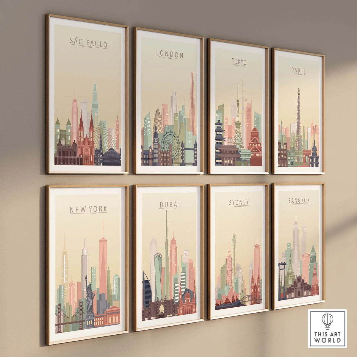 Gallery wall featuring city skyline posters of Sao Paulo, London, Tokyo, Paris, New York, Dubai, Sydney, and Bangkok.