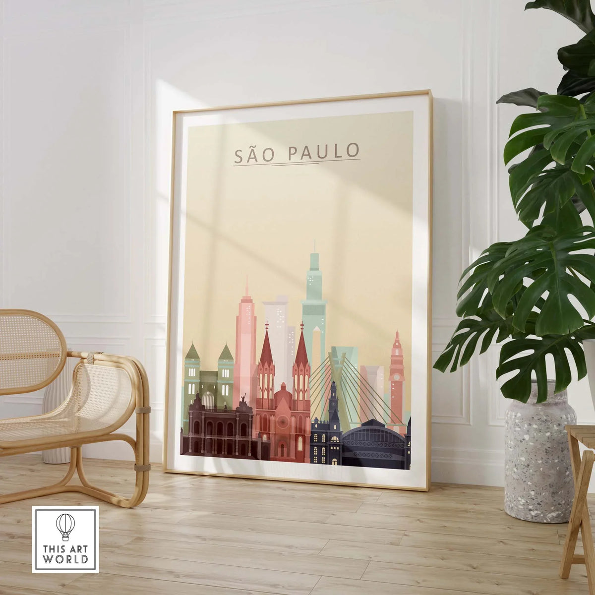 Sao Paulo skyline poster in stylish frame, showcasing colorful city buildings, perfect wall art for home decor.