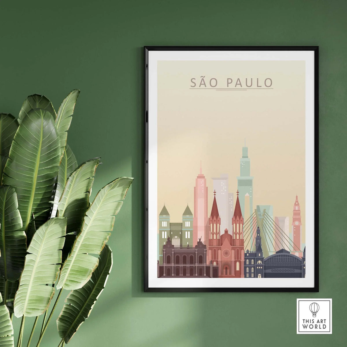 Sao Paulo city skyline wall art poster in modern decor, vibrant colors against a green wall.
