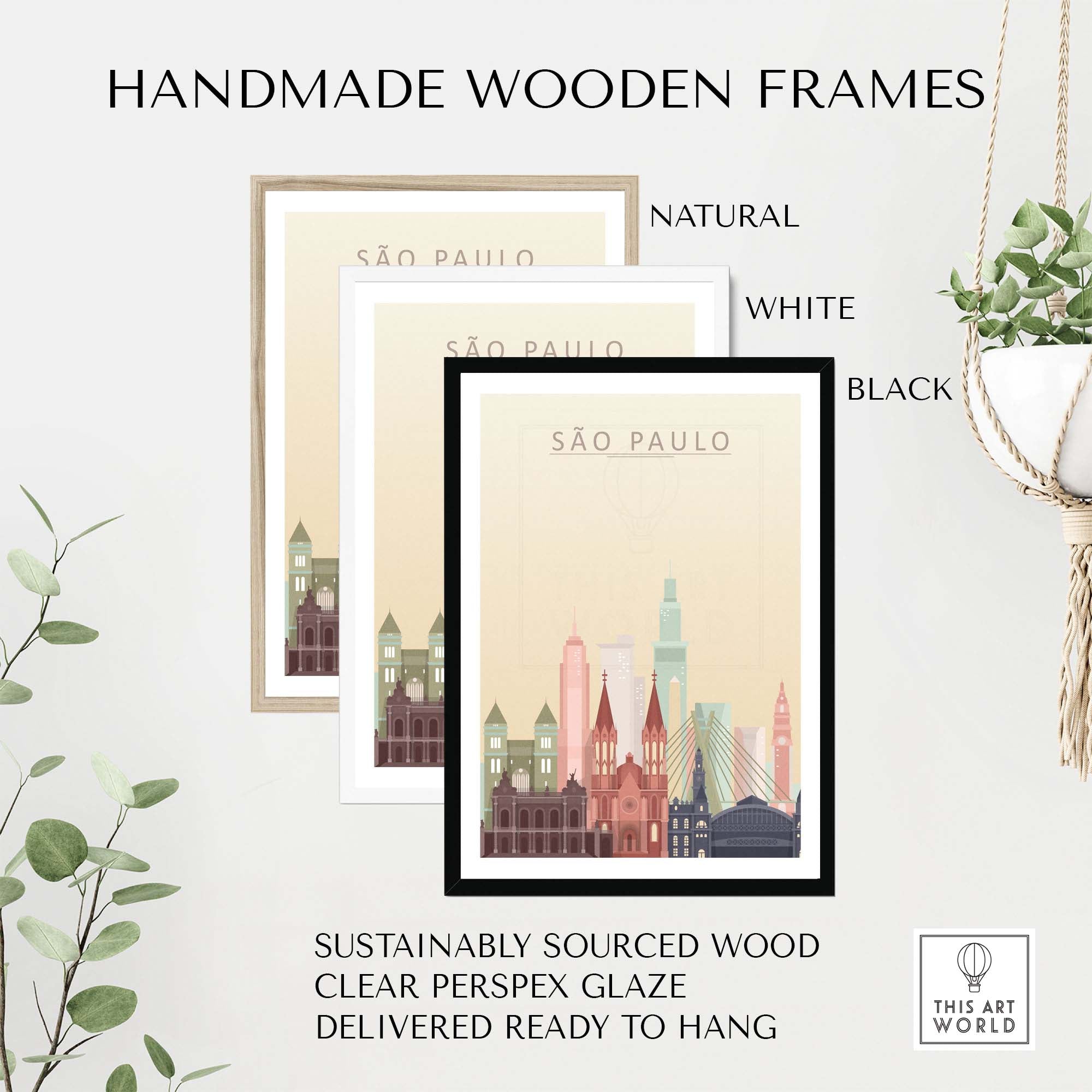 Handmade wooden frames in natural, white, and black around a Sao Paulo skyline art print, sustainably sourced wood.