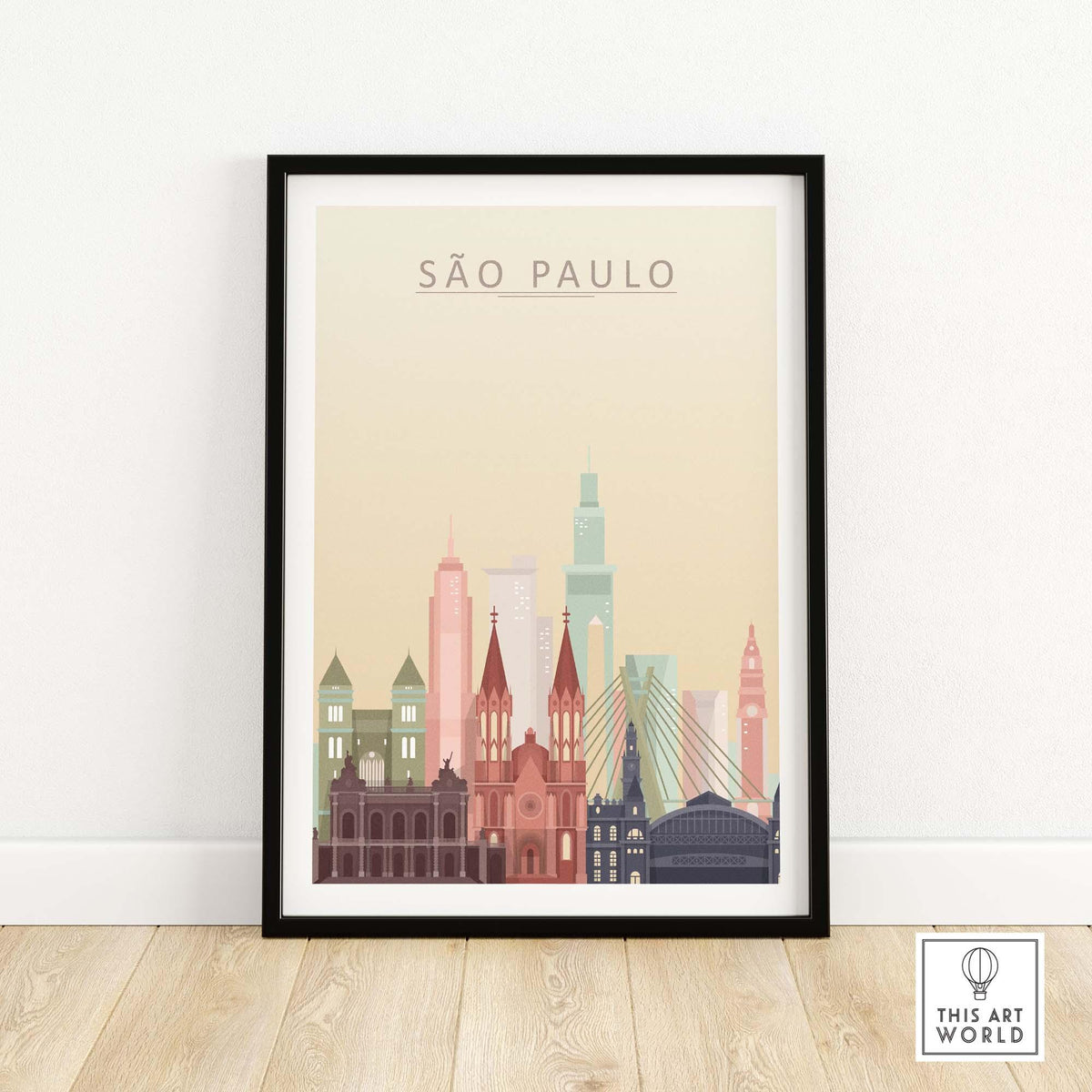 Sao Paulo city skyline poster art print in a black frame, showcasing vibrant architectural landmarks.