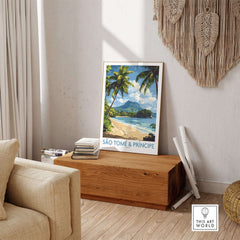 São Tomé & Príncipe: Beach Travel Art Print displayed in a cozy room with tropical decor and natural light.