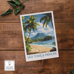São Tomé & Príncipe: Beach Travel Art Print featuring palm trees and a scenic beach view.