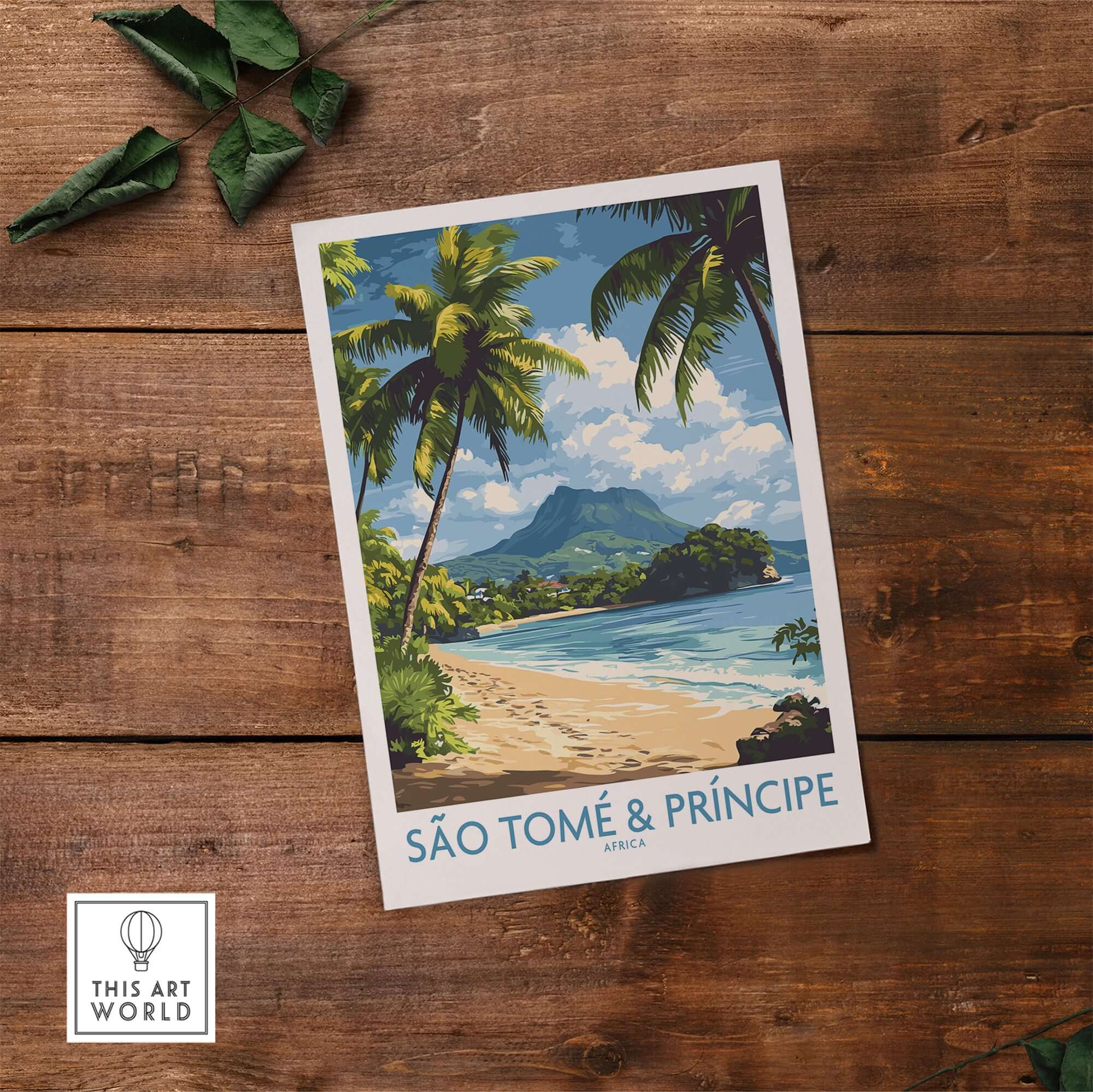 São Tomé & Príncipe: Beach Travel Art Print featuring palm trees and a scenic beach view.
