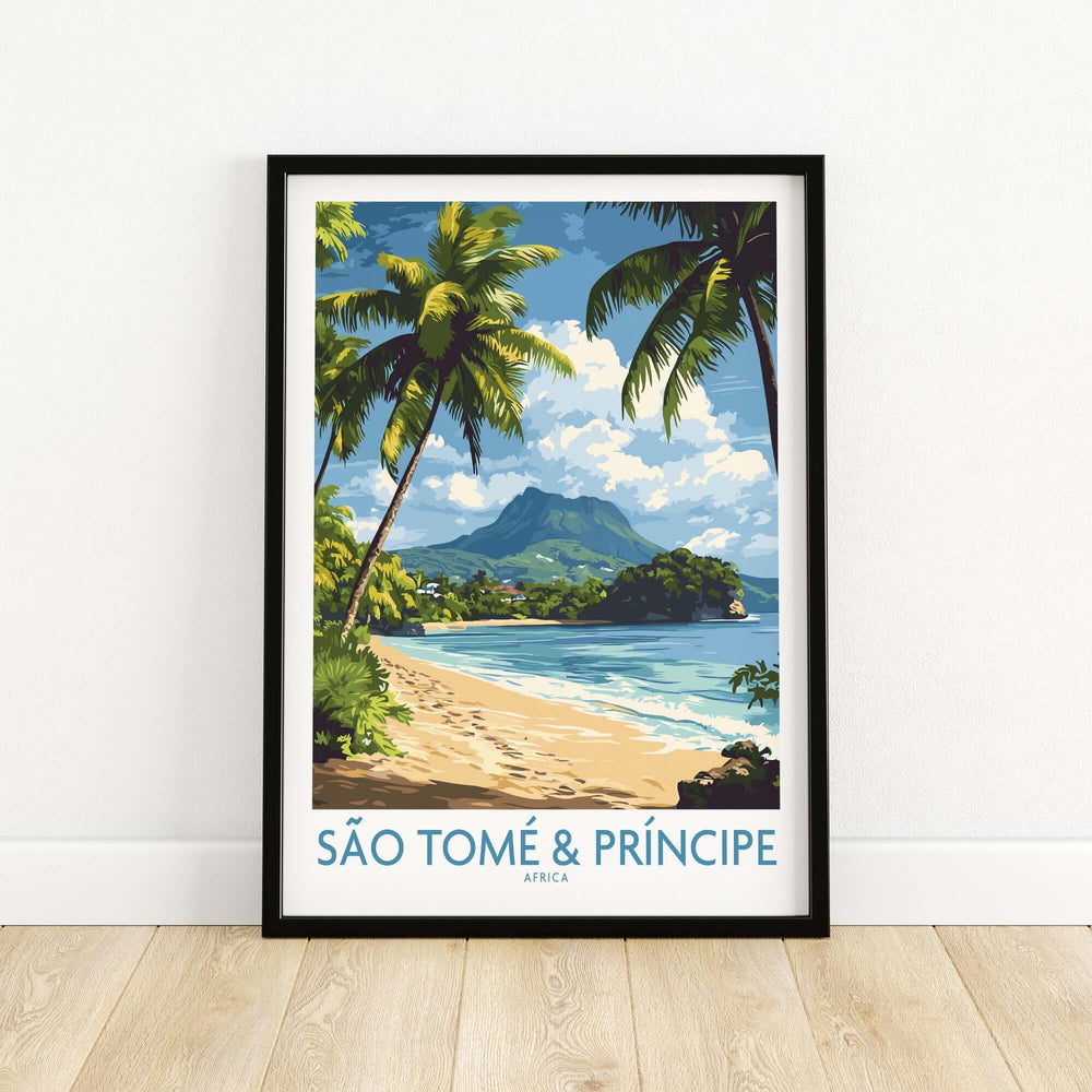 Framed São Tomé & Príncipe Beach Travel Art Print with tropical scene and mountain backdrop.