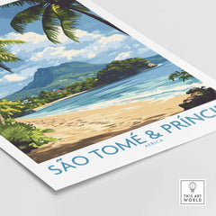 São Tomé & Príncipe: Beach Travel Art Print showcasing a tropical beach scene with palm trees and mountains.