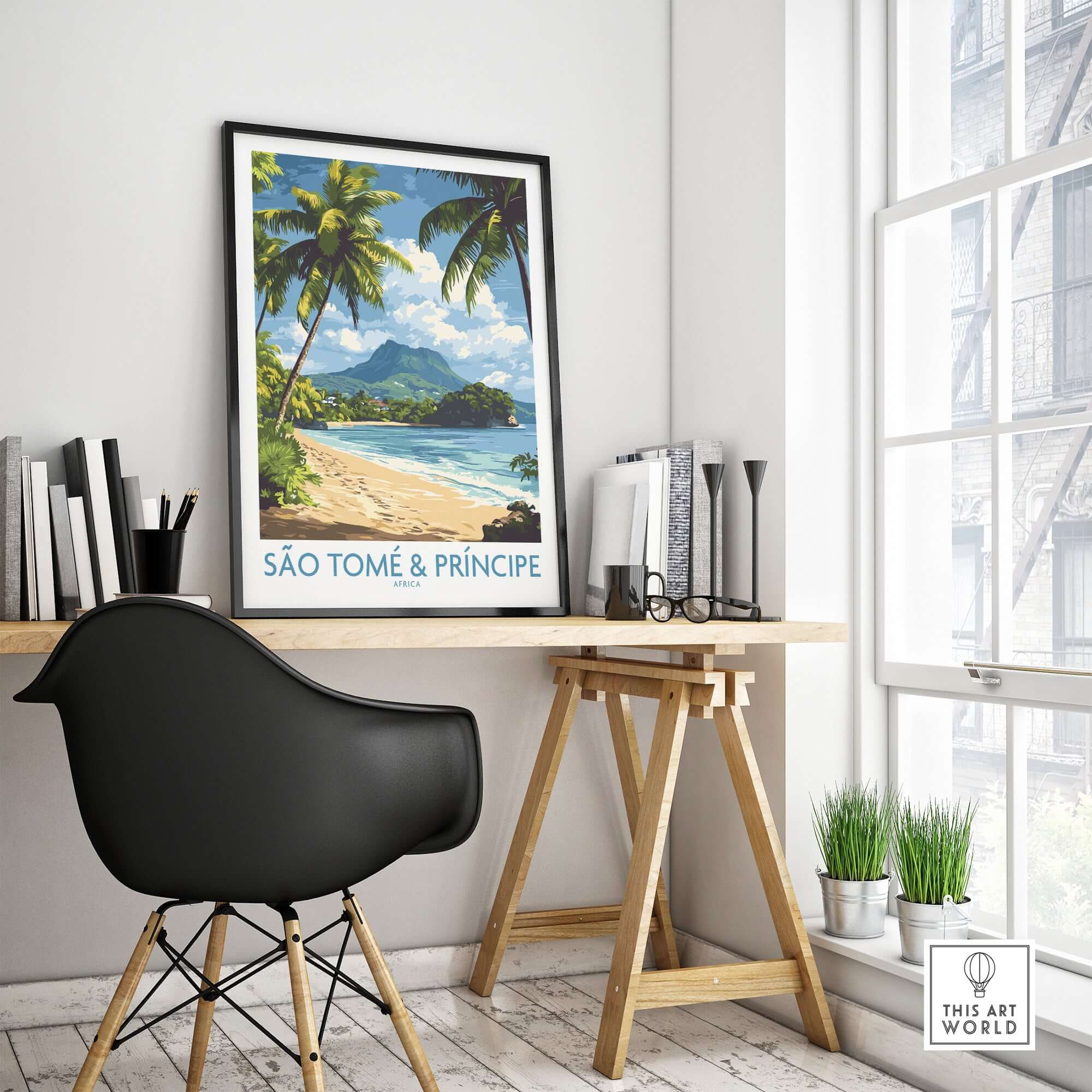 São Tomé & Príncipe: Beach Travel Art Print showcased in a modern workspace with natural light.