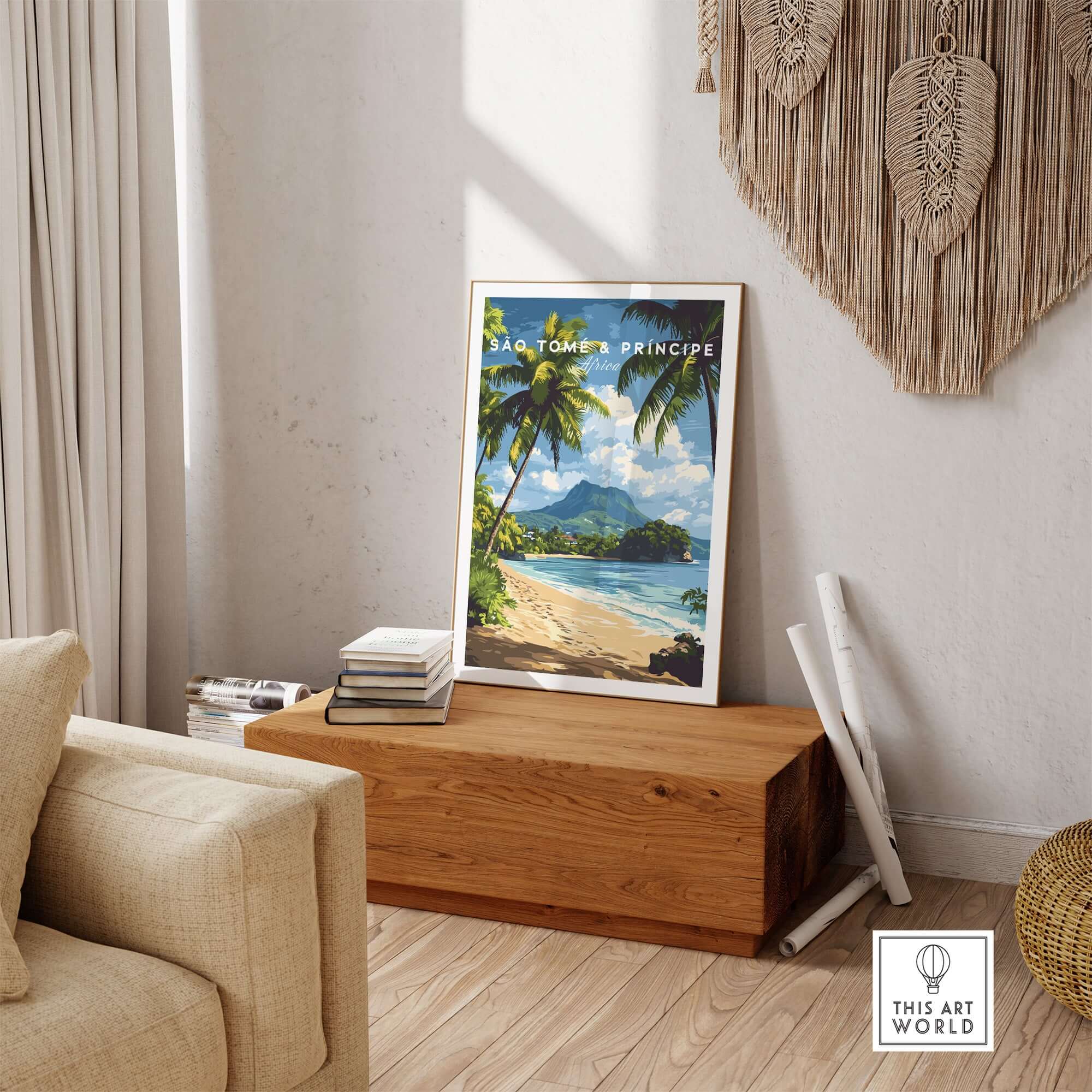 São Tomé & Príncipe: Coastal Paradise Travel Print displayed in a cozy living room setting.